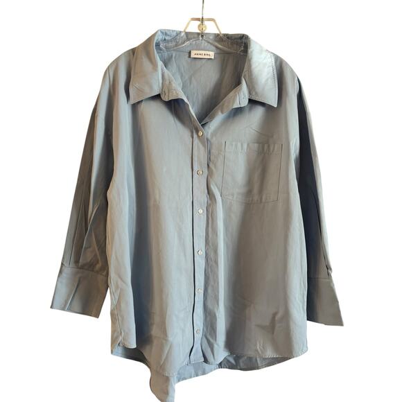 ANINE BING Blue Mika Shirt Cotton Poplin Button Up Size Large Patch Pocket - Picture 1 of 7